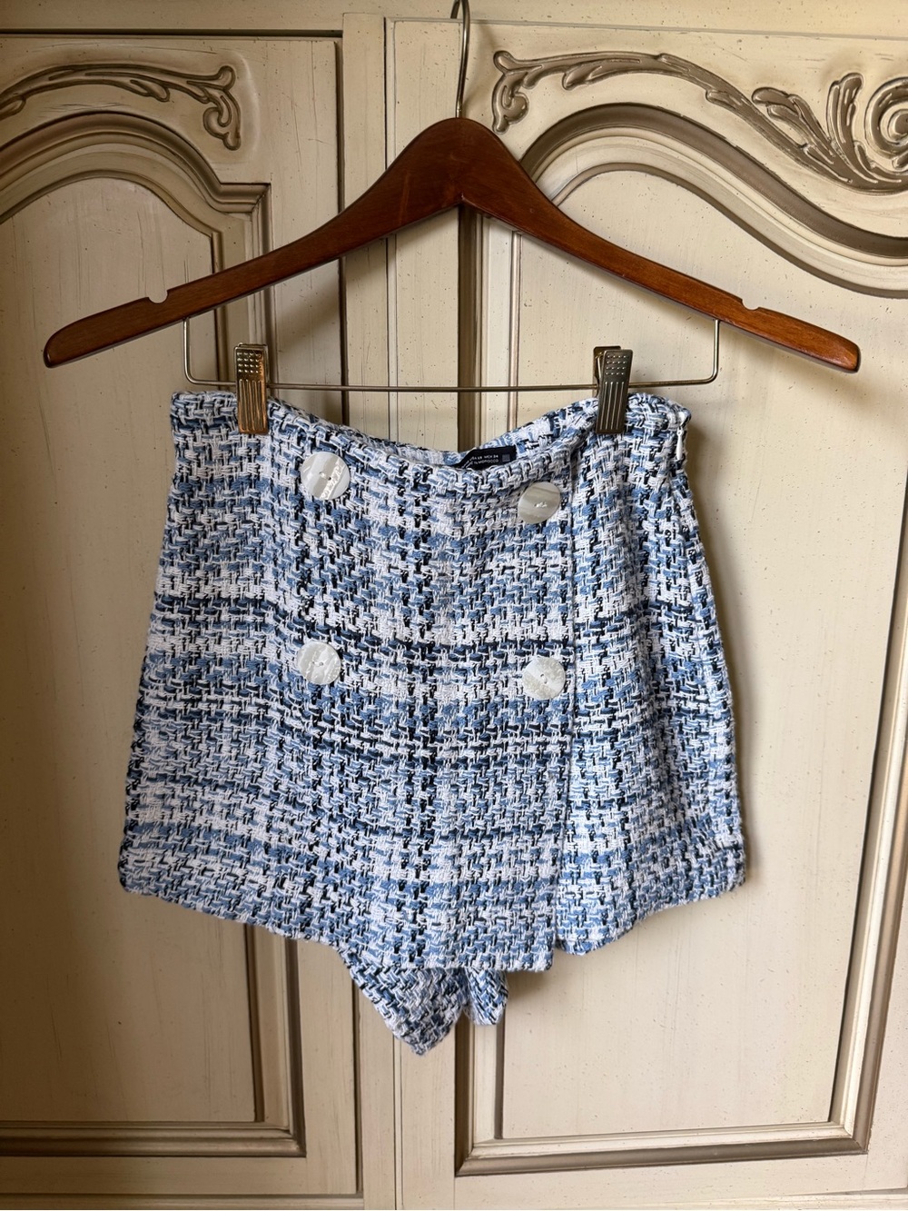 Zara Tweed Women’s Skirt Shorts in Light Blue Plaid